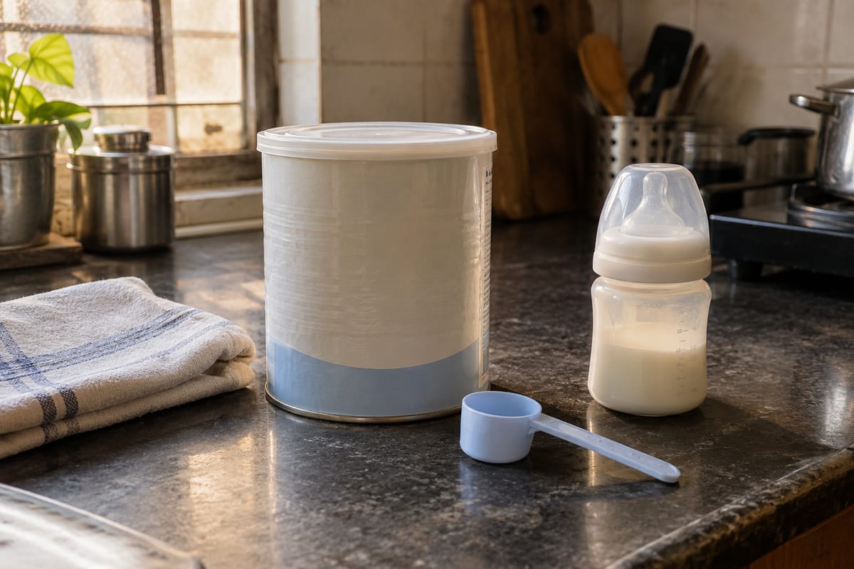 Representational AI illustration of an unbranded formula tin, feeding bottle and scoop on a kitchen counter.